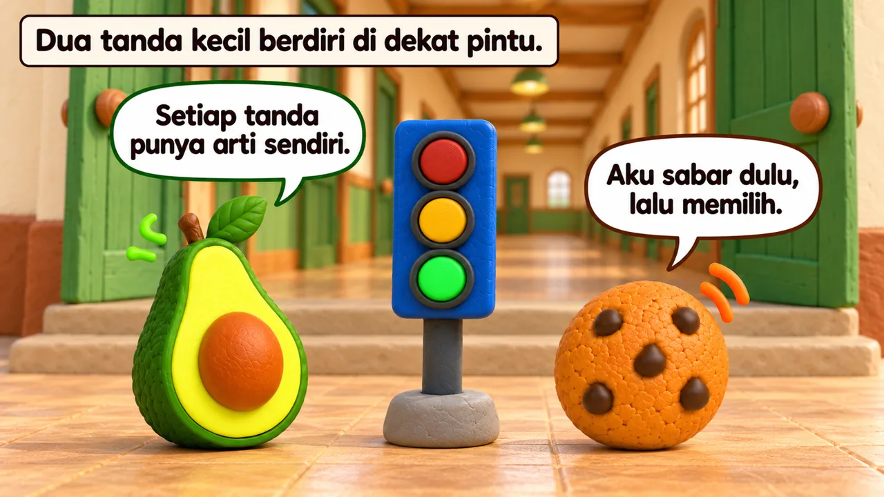 Frame 3 level 4: Dua tanda kecil berdiri di dekat pintu. Setiap tanda punya arti sendiri. Aku sabar dulu, lalu memilih.