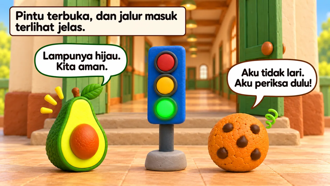 Frame 1 level 5: Pintu terbuka, dan jalur masuk terlihat jelas. Lampunya hijau. Kita aman. Aku tidak lari. Aku periksa dulu!