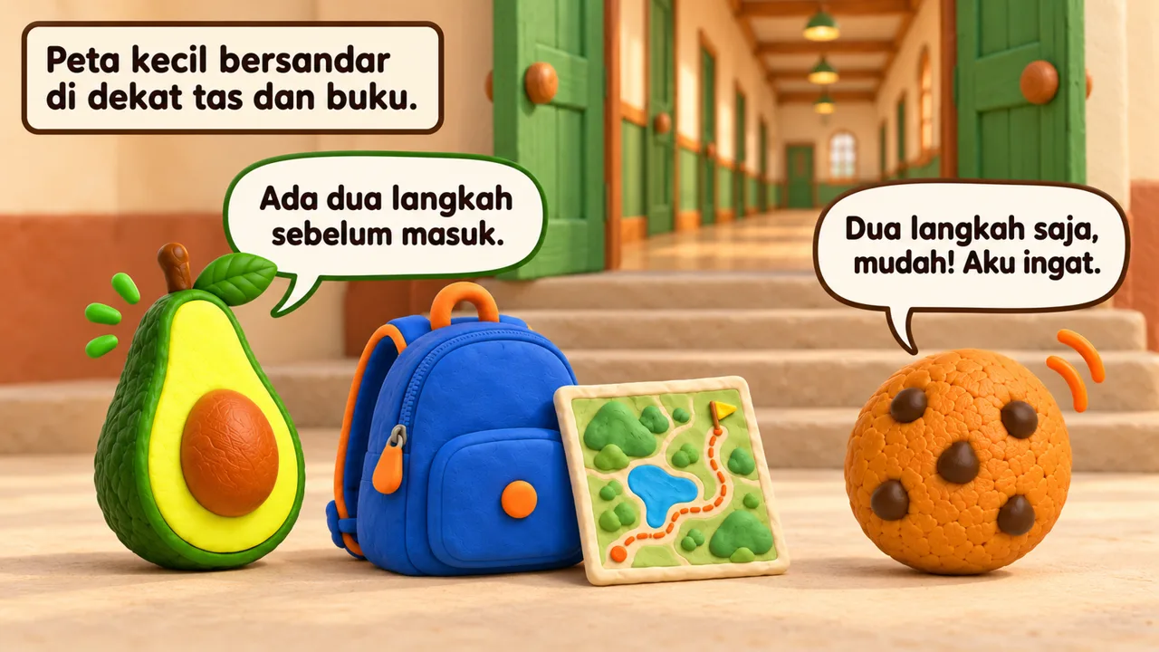 Frame 2 level 5: Peta kecil bersandar di dekat tas dan buku. Ada dua langkah sebelum masuk. Dua langkah saja, mudah! Aku ingat.
