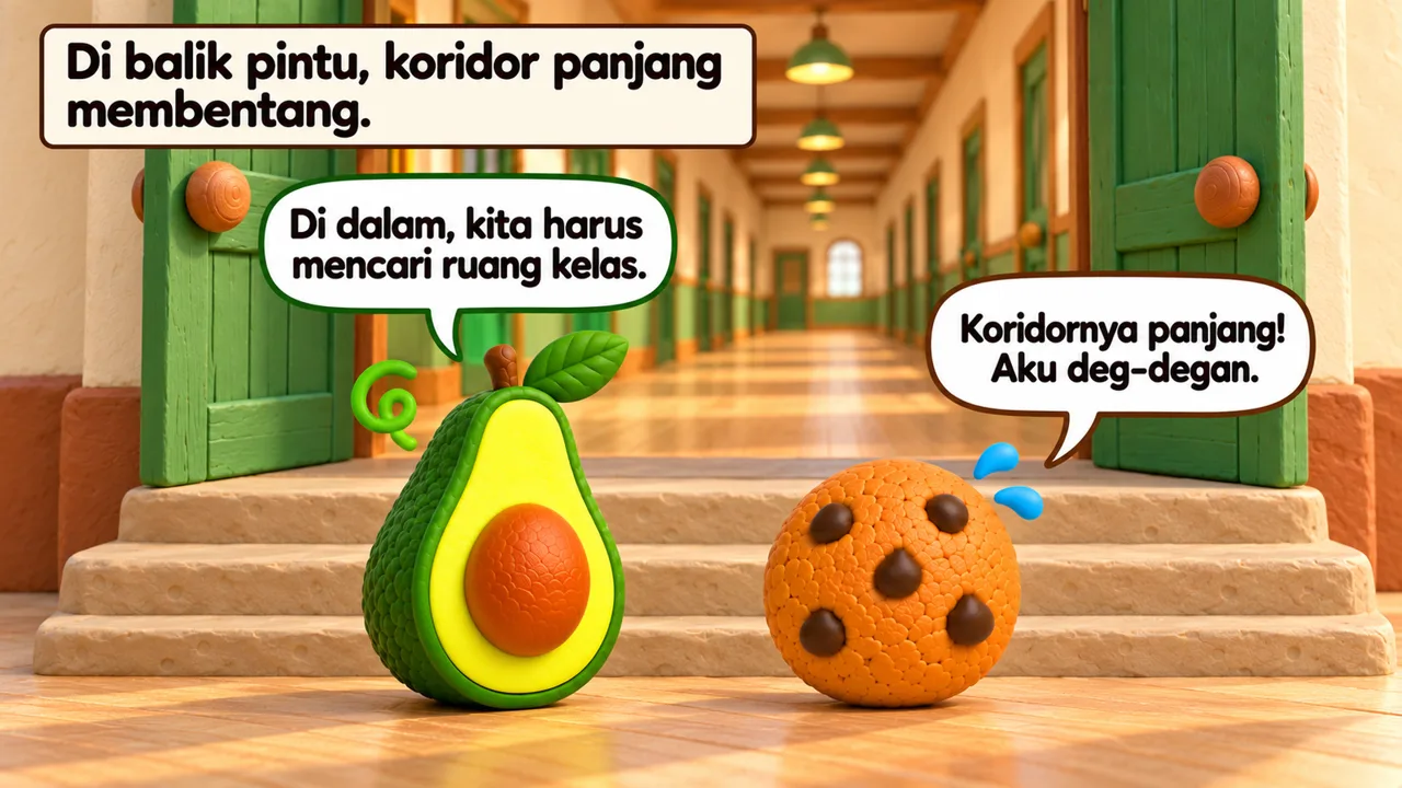Frame 3 level 5: Di balik pintu, koridor panjang membentang. Di dalam, kita harus mencari ruang kelas. Koridornya panjang! Aku deg-degan.